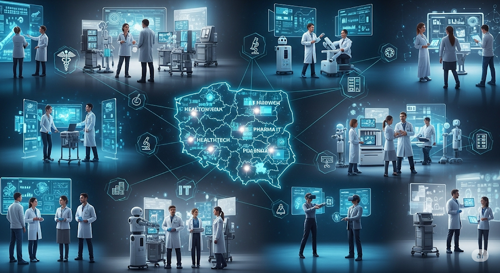 A network of interconnected digital health hubs in Poland, showcasing advanced healthtech and pharma IT innovations with professionals collaborating in futuristic environments.