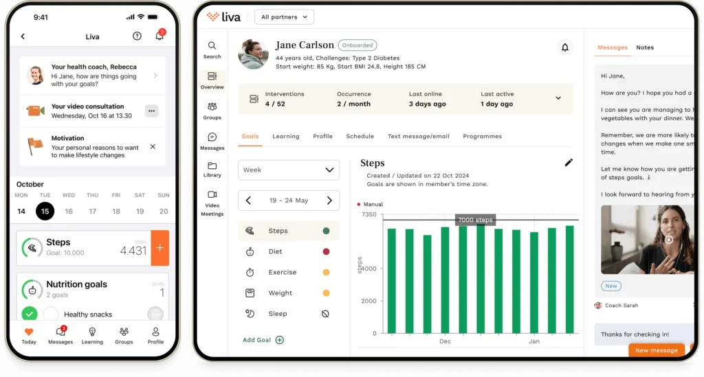 Health app interface with user data