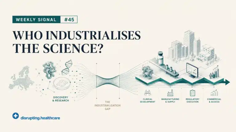 Weekly Signal #45 graphic showing Europe’s industrialisation gap from scientific discovery through clinical development, manufacturing, regulation and commercial access.