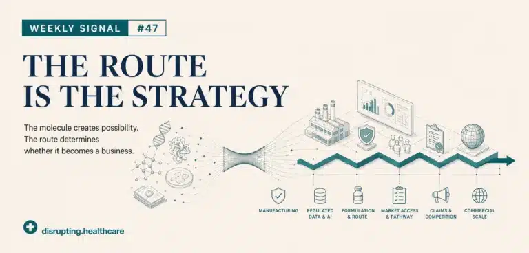 Weekly Signal #47 illustration showing a life-sciences molecule travelling through manufacturing, regulated data, formulation, market access and claim-governance routes towards the patient.