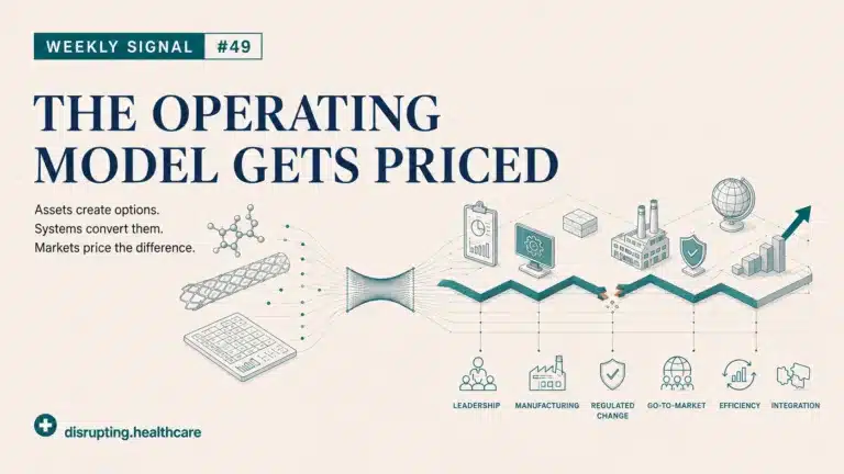 Editorial illustration of scientific, manufacturing, regulatory and commercial inputs moving through a connected life sciences operating model into measurable value.