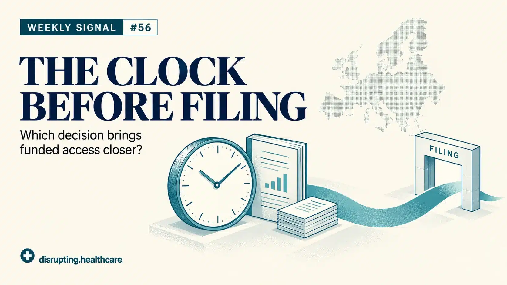 Weekly Signal #56: The Clock Before Filing. A clock and dossier approach a reimbursement filing gateway.