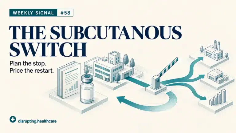 Weekly Signal #58: The Subcutaneous Switch. A central facility, medicine vial, branching routes, stop gate and return arrow illustrate launch interruption and restart.